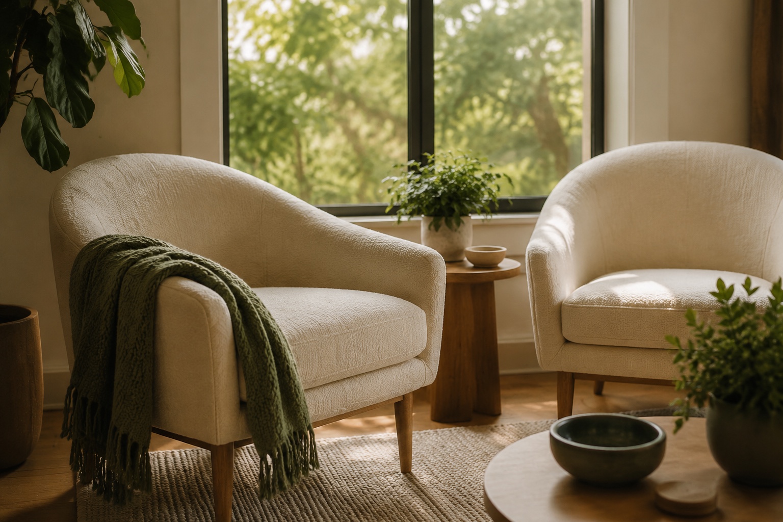 Two comfortable chairs in a sunlit therapy room