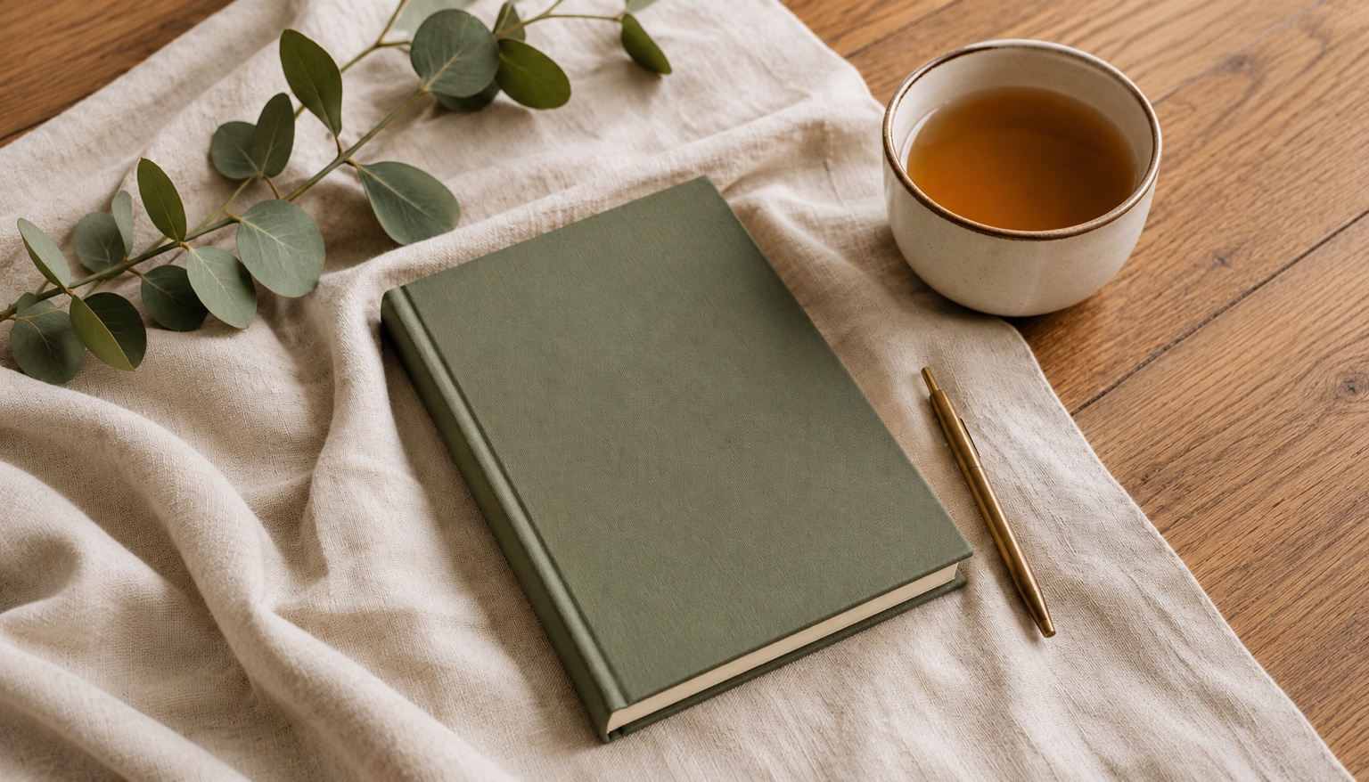 A moss green journal, tea, and eucalyptus on soft linen.