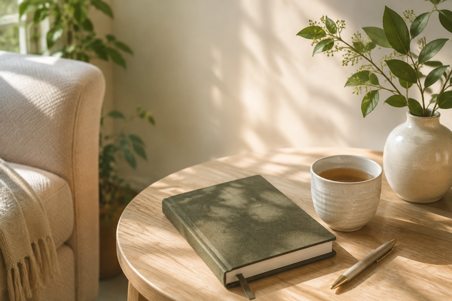 A moss green notebook and cup of tea in warm sunlight